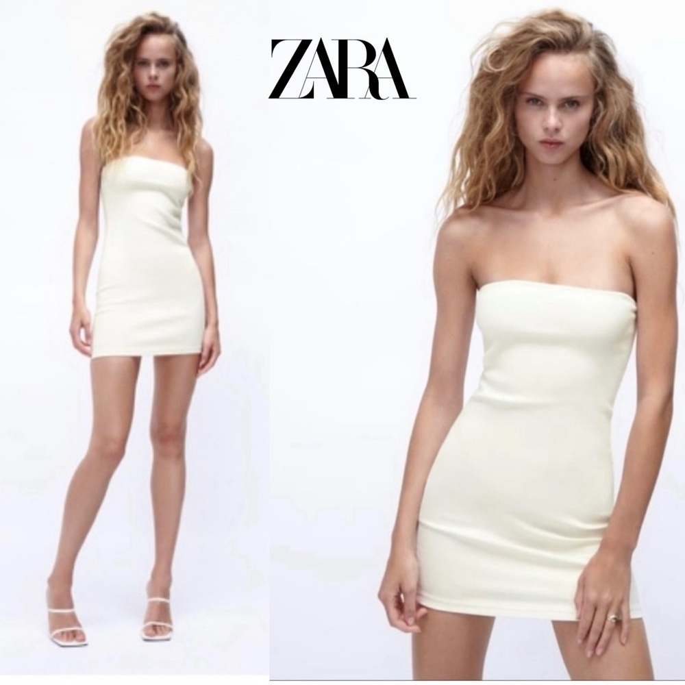 Zara Ivory white stretchy denim jean strapless Bandeau mini bodycon dress M NWT